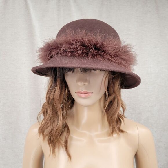 Arlington Hat Co Wool Chocolate Brown With feather band Bucket Hat Church Felt - Picture 10 of 16